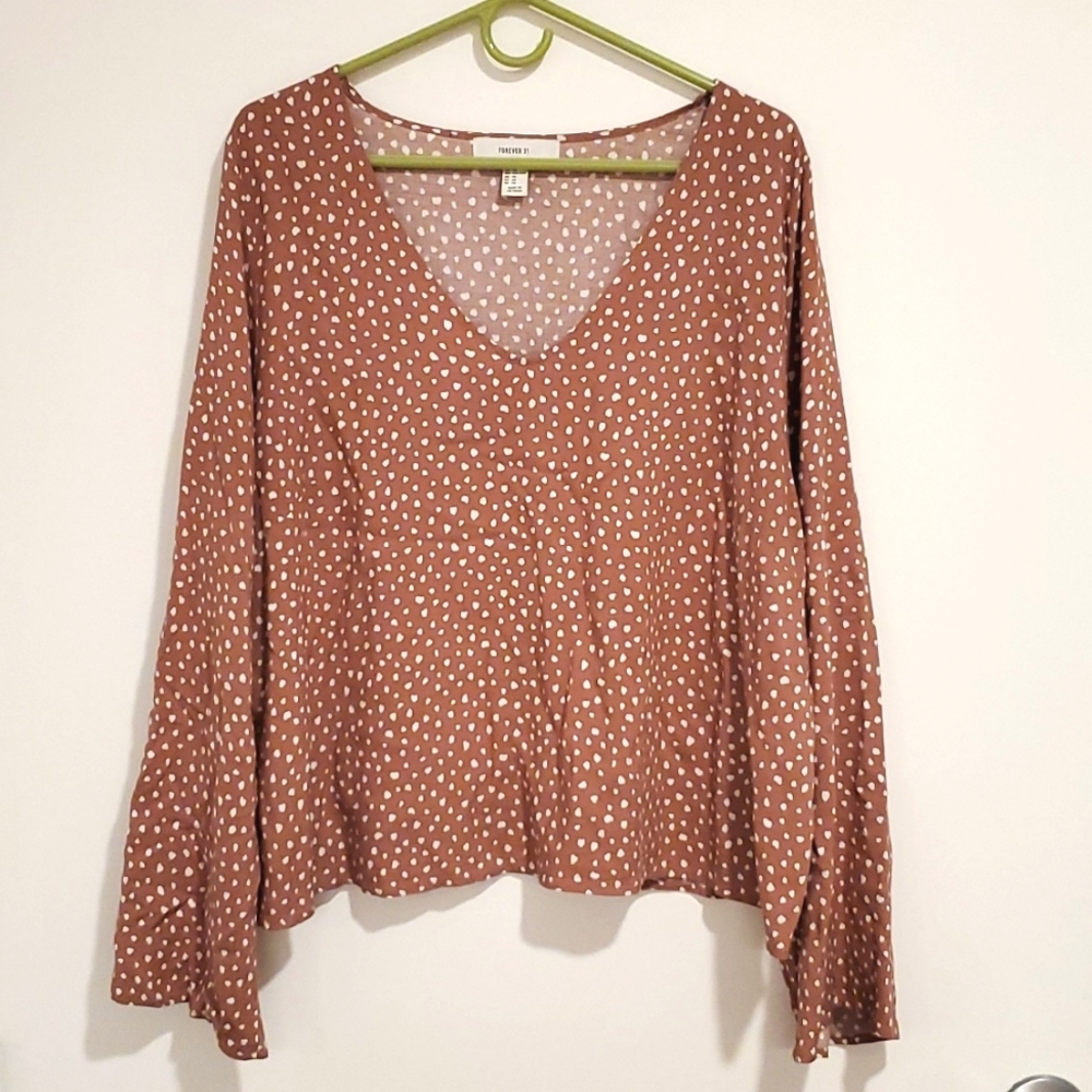 Forever 21 light brown white spots long sleeve top blouse size 2X - Picture 1 of 5